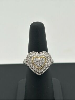 Judith Ripka Sterling Silver Two-Tone Pavé Heart Cable Ring